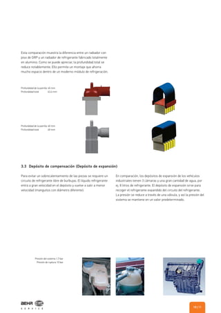 3.3 Depósito de compensación (Depósito de expansión)
Esta comparación muestra la diferencia entre un radiador con
piso de GRP y un radiador de refrigerante fabricado totalmente
en aluminio. Como se puede apreciar, la profundidad total se
reduce notablemente. Ello permite un montaje que ahorra
mucho espacio dentro de un moderno módulo de refrigeración.
Para evitar un sobrecalentamiento de las piezas se requiere un
circuito de refrigerante libre de burbujas. El líquido refrigerante
entra a gran velocidad en el depósito y vuelve a salir a menor
velocidad (manguitos con diámetro diferente).
En comparación, los depósitos de expansión de los vehículos
industriales tienen 3 cámaras y una gran cantidad de agua, por
ej. 8 litros de refrigerante. El depósito de expansión sirve para
recoger el refrigerante expandido del circuito del refrigerante.
La presión se reduce a través de una válvula, y así la presión del
sistema se mantiene en un valor predeterminado.
Profundidad de la parrilla 40 mm
Profundidad total 63,4 mm
Profundidad de la parrilla 40 mm
Profundidad total 40 mm
Presión del sistema 1,7 bar
Presión de ruptura 10 bar
| 1110
 