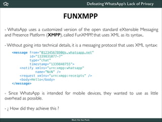 Defeating WhatsApp’s Lack of Privacy

FUNXMPP
- WhatsApp uses a customized version of the open standard eXtensible Messaging
and Presence Platform (XMPP), called FunXMPP, that uses XML as its syntax..	


!

- Without going into technical details, it is a messaging protocol that uses XML syntax:	


!

<message from=”01234567890@s.whatsapp.net”
        id=”1339831077-7”
        type=”chat”
        timestamp=”1339848755”>
   <notify xmlns=”urn:xmpp:whatsapp”
           name=”NcN” />
   <request xmlns=”urn:xmpp:receipts” />
   <body>Hello</body>
</message>

!

- Since WhatsApp is intended for mobile devices, they wanted to use as little
overhead as possible.	


!

- ¿ How did they achieve this ?
Black Hat Sao Paulo
NoConName 2013

 