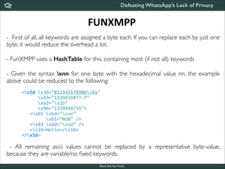 Defeating WhatsApp’s Lack of Privacy

FUNXMPP
- First of all, all keywords are assigned a byte each. If you can replace each by just one
byte, it would reduce the overhead a lot. 	


!

- FunXMPP uses a HashTable for this, containing most (if not all) keywords	


!

- Given the syntax xnn for one byte with the hexadecimal value nn, the example
above could be reduced to the following:	


!

!

<x5d x38=”01234567890@x8a”
     x43=”1339831077-7”
     xa2=”x1b”
     x9d=”1339848755”>
  <x65 xbd=”xae”
        x61=”NcN” />
  <x83 xbd=”xad” />
  <x16>Hello</x16>
</x5d>

- All remaining ascii values cannot be replaced by a representative byte-value,
because they are variable/no ﬁxed keywords.
Black Hat Sao Paulo
NoConName 2013

 