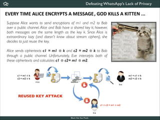 Defeating WhatsApp’s Lack of Privacy

EVERY	
  TIME	
  ALICE	
  ENCRYPTS	
  A	
  MESSAGE ,	
  GOD	
  KILLS	
  A	
  KITTEN	
  ...
Suppose Alice wants to send encryptions of m1 and m2 to Bob
over a public channel. Alice and Bob have a shared key k; however,
both messages are the same length as the key k. Since Alice is
extraordinary lazy (and doesn't know about stream ciphers), she
decides to just reuse the key. 	


!

Alice sends ciphertexts c1 = m1 ⊕ k and c2 = m2 ⊕ k to Bob
through a public channel. Unfortunately, Eve intercepts both of
these ciphertexts and calculates c1 ⊕ c2= m1 ⊕ m2.

c1 = m1 ⊕ k
c2 = m2 ⊕ k

m1 = c1 ⊕ k
m2 = c2 ⊕ k

REUSED KEY ATTACK
c1 ⊕ c2 = m1 ⊕ m2

Black Hat Sao Paulo
NoConName 2013

 