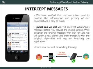 Defeating WhatsApp’s Lack of Privacy

INTERCEPT	
  MESSAGES
- We have veriﬁed that the encryption used to
protect the information and privacy of our
conversations is easy to break.	


!

- ¿What can we do? We will intercept WhatsApp's
message before you leaving the mobile phone. We'll
decipher the original message with our key and we
will apply a new cipher and then encrypt it with the
original algorithm and key, not breaking the
application.	


!

- From now on, we’ll be working this way:
REAL-TIME
MODIFICATION

Black Hat Sao Paulo
NoConName 2013

 