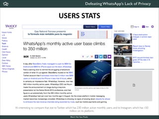 Defeating WhatsApp’s Lack of Privacy

USERS	
  STATS

It’s interesting to compare that stat to Twitter, which has 230 million active monthly users, and to Instagram, which has 150
million on its platform.
Black Hat Sao Paulo
NoConName 2013

 