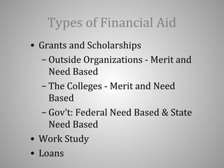 Types of Financial Aid 
• Grants and Scholarships 
– Outside Organizations - Merit and 
Need Based 
– The Colleges - Merit and Need 
Based 
– Gov’t: Federal Need Based & State 
Need Based 
• Work Study 
• Loans 
 