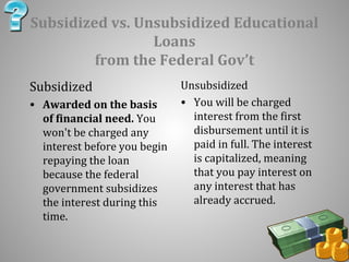 Subsidized vs. Unsubsidized Educational 
Loans 
from the Federal Gov’t 
Subsidized 
• Awarded on the basis 
of financial need. You 
won't be charged any 
interest before you begin 
repaying the loan 
because the federal 
government subsidizes 
the interest during this 
time. 
Unsubsidized 
• You will be charged 
interest from the first 
disbursement until it is 
paid in full. The interest 
is capitalized, meaning 
that you pay interest on 
any interest that has 
already accrued. 
 