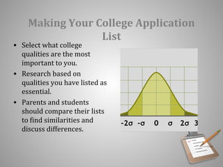 Making Your College Application 
List 
• Select what college 
qualities are the most 
important to you. 
• Research based on 
qualities you have listed as 
essential. 
• Parents and students 
should compare their lists 
to find similarities and 
discuss differences. 
 