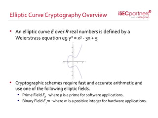 • An elliptic curve E over R real numbers is defined by a
Weierstrass equation eg y2 = x3 - 3x + 5
• Cryptographic schemes require fast and accurate arithmetic and
use one of the following elliptic fields.
• Prime Field Fp where p is a prime for software applications.
• Binary Field F2m where m is a positive integer for hardware applications.
Elliptic Curve Cryptography Overview
 