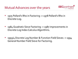 • 1975 Pollard's Rho in Factoring -> 1978 Pollard's Rho in
Discrete Log.
• 1984 Quadratic Sieve Factoring -> 1987 improvements in
Discrete Log Index Calculus Algorithms.
• 1993/4 Discrete Log Number & Function Field Sieves -> 1994
General Number Field Sieve for Factoring.
MutualAdvances over the years
 