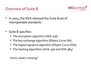 • In 2005, the NSA released the Suite B set of
interoperable standards
• Suite B specifies:
• The encryption algorithm (AES-256)
• The key exchange algorithm (Elliptic Curve DH)
• The digital signature algorithm (Elliptic Curve DSA)
• The hashing algorithms (SHA-256 and SHA-384)
Hmm, what’s missing?
Overview of Suite B
 