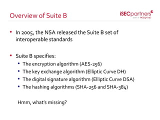 • In 2005, the NSA released the Suite B set of
interoperable standards
• Suite B specifies:
• The encryption algorithm (AE...