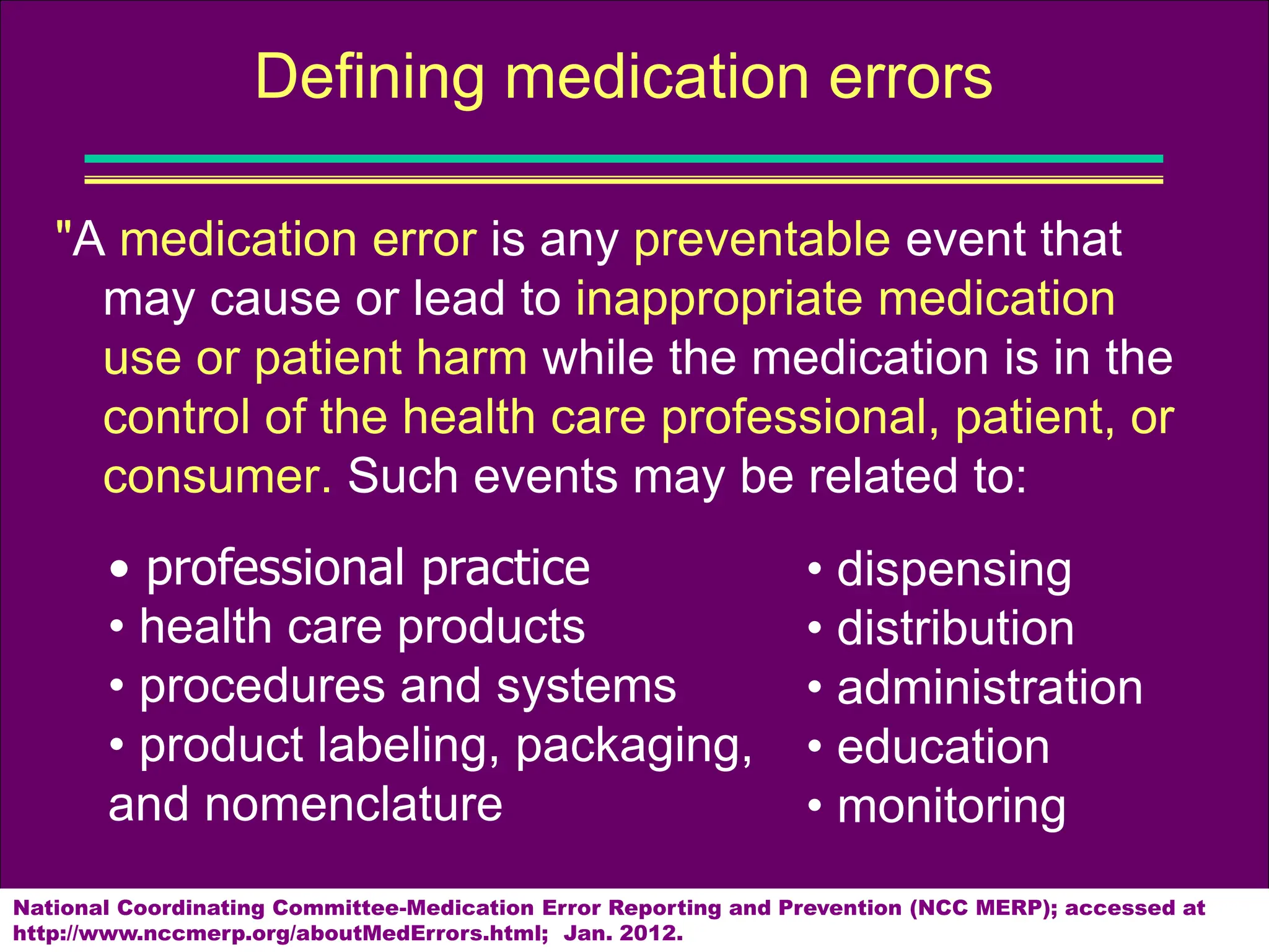"A medication error is any preventable event that
may cause or lead to inappropriate medication
use or patient harm while the medication is in the
control of the health care professional, patient, or
consumer. Such events may be related to:
Defining medication errors
National Coordinating Committee-Medication Error Reporting and Prevention (NCC MERP); accessed at
http://www.nccmerp.org/aboutMedErrors.html; Jan. 2012.
• professional practice
• health care products
• procedures and systems
• product labeling, packaging,
and nomenclature
• dispensing
• distribution
• administration
• education
• monitoring
 