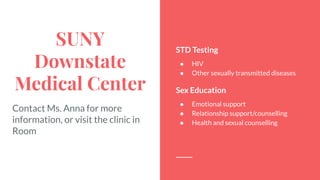 SUNY
Downstate
Medical Center
Contact Ms. Anna for more
information, or visit the clinic in
Room
STD Testing
● HIV
● Other sexually transmitted diseases
Sex Education
● Emotional support
● Relationship support/counselling
● Health and sexual counselling
 