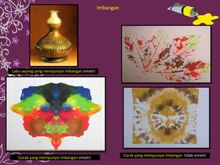 Imbangan Corak yang mempunyai imbangan  tidak simetri Corak yang mempunyai imbangan  simetri Labu sayong yang mempunyai imbangan  simetri 