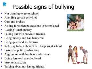 Possible signs of bullying Not wanting to go to school Avoiding certain activities Cuts and bruises Asking for stolen possessions to be replaced ‘ Losing’ lunch money Falling out with previous friends Being moody and bad tempered Being quiet and withdrawn Refusing to talk about what  happens at school Loss of appetite, bedwetting Aggression with brothers and sisters Doing less well at schoolwork Insomnia, anxiety Talking about not having friends 