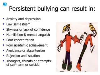 Persistent bullying can result in: Anxiety and depression Low self-esteem Shyness or lack of confidence Humiliation & mental anguish Poor concentration Poor academic achievement Avoidance or absenteeism Rejection and isolation Thoughts, threats or attempts of self-harm or suicide 