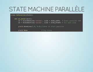 STATE MACHINE PARALLÈLE
casDPrle(tt)
ls oaallSae:
dfo_ne(ef:
e netrsl)
l =Saeahn(bra" sd =SD_ET #Satprle FM
b
ttMcie"amn, ie
IELF)
tr aall S
r =Saeahn(bra" sd =SD_IH)#frec sd
b
ttMcie"amn, ie
IERGT
o ah ie
yedMvLn(.,00 #Mv t satpsto
il oeie10 .)
oe o tr oiin
yedNn
il oe

#Ppsae
o tt

 