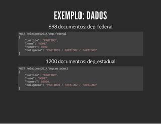 EXEMPLO: DADOS 
698 documentos: dep_federal 
POST /eleicoes2014/dep_federal 
{ 
"partido": "PARTIDO", 
"nome": "NOME", 
"numero": 9999, 
"coligacao": "PARTIDO1 / PARTIDO2 / PARTIDO3" 
} 
1200 documentos: dep_estadual 
POST /eleicoes2014/dep_estadual 
{ 
"partido": "PARTIDO", 
"nome": "NOME", 
"numero": 99999, 
"coligacao": "PARTIDO1 / PARTIDO2 / PARTIDO3" 
} 
 