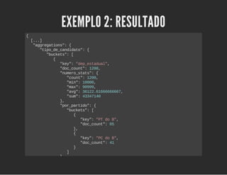 EXEMPLO 2: RESULTADO 
{ 
[...] 
"aggregations": { 
"tipo_de_candidato": { 
"buckets": [ 
{ 
"key": "dep_estadual", 
"doc_count": 1200, 
"numero_stats": { 
"count": 1200, 
"min": 10000, 
"max": 90999, 
"avg": 36122.61666666667, 
"sum": 43347140 
}, 
"por_partido": { 
"buckets": [ 
{ 
"key": "PT do B", 
"doc_count": 85 
}, 
{ 
"key": "PC do B", 
"doc_count": 41 
} 
] 
}, 
"por_coligacao": { 
"buckets": [ 
{ 
 