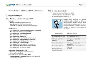 13
: Ieda Maria Silva
3.6 Representações
Pedro Angelo Almeida Abreu
Donaldo Rosa Pires Júnior
Fernando Ramos Borges
Herton Helder Rocha Pires
Claudenir Fávero
Valter Andrade de Carvalho Júnior
Alexandre Christófaro Silva
Fernando Afonso Ferreira Júnior
José Geraldo das Graças
Danielle Piuzana
diretoriaih@ufvjm.edu.br
Paulo Afrânio Sant'Anna
coordbhu@ufvjm.edu.br
União Nacional dos Estudantes - UNE
Diretório Central dos Estudantes - DCE
Centro Acadêmico Da Vinci (CA).
Quando você discordar de alguma
decisão tomada por órgão ou dirigente
da Universidade, poderá recorrer dessa
decisão a uma instância superior ou de
recurso. Veja como funciona e informe-
se sobre os prazos na coordenação do
seu curso.
Se a decisão for: Você pode recorrer:
da Coordenação do Curso ao Colegiado de Curso
da Direção da Unidade
Acadêmica
à Congregação da Unidade
Acadêmica
do Colegiado de Curso à Congregação da Unidade
Acadêmica
do Colegiado de Curso à Pró-Reitoria de Graduação e/ou
CONSEPE
da Congregação da
Unidade Acadêmica
ao CONSU
 