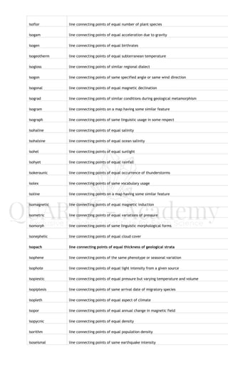 isoflor line connecting points of equal number of plant species
isogam line connecting points of equal acceleration due to gravity
isogen line connecting points of equal birthrates
isogeotherm line connecting points of equal subterranean temperature
isogloss line connecting points of similar regional dialect
isogon line connecting points of same specified angle or same wind direction
isogonal line connecting points of equal magnetic declination
isograd line connecting points of similar conditions during geological metamorphism
isogram line connecting points on a map having some similar feature
isograph line connecting points of same linguistic usage in some respect
isohaline line connecting points of equal salinity
isohalsine line connecting points of equal ocean salinity
isohel line connecting points of equal sunlight
isohyet line connecting points of equal rainfall
isokeraunic line connecting points of equal occurrence of thunderstorms
isolex line connecting points of same vocabulary usage
isoline line connecting points on a map having some similar feature
isomagnetic line connecting points of equal magnetic induction
isometric line connecting points of equal variations of pressure
isomorph line connecting points of same linguistic morphological forms
isonephelic line connecting points of equal cloud cover
isopach line connecting points of equal thickness of geological strata
isophene line connecting points of the same phenotype or seasonal variation
isophote line connecting points of equal light intensity from a given source
isopiestic line connecting points of equal pressure but varying temperature and volume
isopiptesis line connecting points of same arrival date of migratory species
isopleth line connecting points of equal aspect of climate
isopor line connecting points of equal annual change in magnetic field
isopycnic line connecting points of equal density
isorithm line connecting points of equal population density
isoseismal line connecting points of same earthquake intensity
 