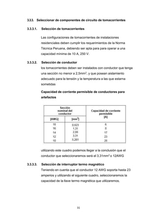 31
3.3.3. Seleccionar de componentes de circuito de tomacorrientes
3.3.3.1. Selección de tomacorrientes
Las configuraciones de tomacorrientes de instalaciones
residenciales deben cumplir los requerimientos de la Norma
Técnica Peruana, debiendo ser apta para para operar a una
capacidad mínima de 10 A, 250 V.
3.3.3.2. Selección de conductor
los tomacorrientes deben ser instalados con conductor que tenga
una sección no menor a 2,5mm2, y que posean aislamiento
adecuado para la tensión y la temperatura a las que estarna
sometidas
Capacidad de corriente permisible de conductores para
artefactos
utilizando este cuadro podemos llegar a la conclusión que el
conductor que seleccionaremos será el 3,31mm2 o 12AWG
3.3.3.3. Selección de interruptor termo magnético
Teniendo en cuenta que el conductor 12 AWG soporta hasta 23
amperios y utilizando el siguiente cuadro, seleccionaremos la
capacidad de la llave termo magnética que utilizaremos.
 