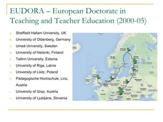 EUDORA – European Doctorate in
Teaching and Teacher Education (2000-05)
A.

Sheffield Hallam University, UK

B.

University of Oldenberg, Germany

C.

Umeå University, Sweden

D.

University of Helsinki, Finland

E.

Tallinn University, Estonia

F.

University of Riga, Latvia

G.

University of Lödz, Poland

H.

Pädagogische Hochschule, Linz,
Austria

I.

University of Graz, Austria

J.

University of Ljubljana, Slovenia

 