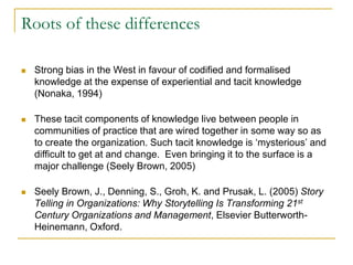 Roots of these differences


Strong bias in the West in favour of codified and formalised
knowledge at the expense of experiential and tacit knowledge
(Nonaka, 1994)



These tacit components of knowledge live between people in
communities of practice that are wired together in some way so as
to create the organization. Such tacit knowledge is ‘mysterious’ and
difficult to get at and change. Even bringing it to the surface is a
major challenge (Seely Brown, 2005)



Seely Brown, J., Denning, S., Groh, K. and Prusak, L. (2005) Story
Telling in Organizations: Why Storytelling Is Transforming 21st
Century Organizations and Management, Elsevier ButterworthHeinemann, Oxford.

 