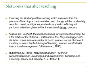Networks that alter teaching






Involving the kind of problem solving which assumes that the
process of learning, experimentation and change will be moderately
complex, novel, ambiguous, contradictory and conflicting with
particular attention given to the instructional design process:
“These are, in effect, the ideal conditions for significant learning, be
it for adults or for children ... Oftentimes, too, they can trigger selfdoubts in more than one sector at once: in one’s sense of content
mastery, in one’s implicit theory of learning, in one’s comfort with
instructional management.” (Huberman, 1995)
Huberman, M. (1995) Networks that Alter Teaching:
conceptualizations, exchanges and experiments, Teachers and
Teaching: theory and practice, 1, 2, 193-211.
6

 