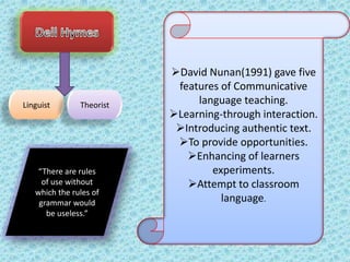 Linguist

Theorist

“There are rules
of use without
which the rules of
grammar would
be useless.”

David Nunan(1991) gave five
features of Communicative
language teaching.
Learning-through interaction.
Introducing authentic text.
To provide opportunities.
Enhancing of learners
experiments.
Attempt to classroom
language.

 