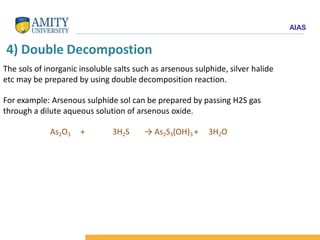 AIAS
4) Double Decompostion
The sols of inorganic insoluble salts such as arsenous sulphide, silver halide
etc may be prepared by using double decomposition reaction.
For example: Arsenous sulphide sol can be prepared by passing H2S gas
through a dilute aqueous solution of arsenous oxide.
As2O3 + 3H2S → As2S3(OH)3 + 3H2O
 