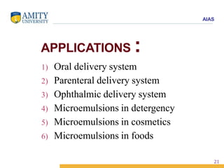 AIAS
APPLICATIONS :
1) Oral delivery system
2) Parenteral delivery system
3) Ophthalmic delivery system
4) Microemulsions in detergency
5) Microemulsions in cosmetics
6) Microemulsions in foods
21
 