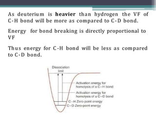 As deuterium is heavier than hydrogen the VF of
C-H bond will be more as compared to C-D bond.
Energy for bond breaking is directly proportional to
VF
Thus energy for C -H bond will be less as compared
to C-D bond.
 