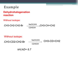 Example
Dehydrohalogenation
reaction
Without isotope:
lCH3-CH2-CH2-Br CH3-CH=CH2
Without isotope:
lCH3-CD2-CH2-Br CH3-CD=CH2
NaOC2H5
C2H5OH
NaOC2H5
C2H5OH
kH/kD= 6.7
 