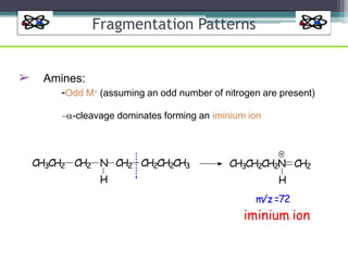 Fragmentation Patterns
➢ Amines:
-Odd M+ (assuming an odd number of nitrogen are present)
-cleavage dominates forming an iminium ion
CH3CH2 CH2 N CH2 CH2CH2CH3
H
CH3CH2CH2N CH2
H
m/z =72
iminium ion
 
