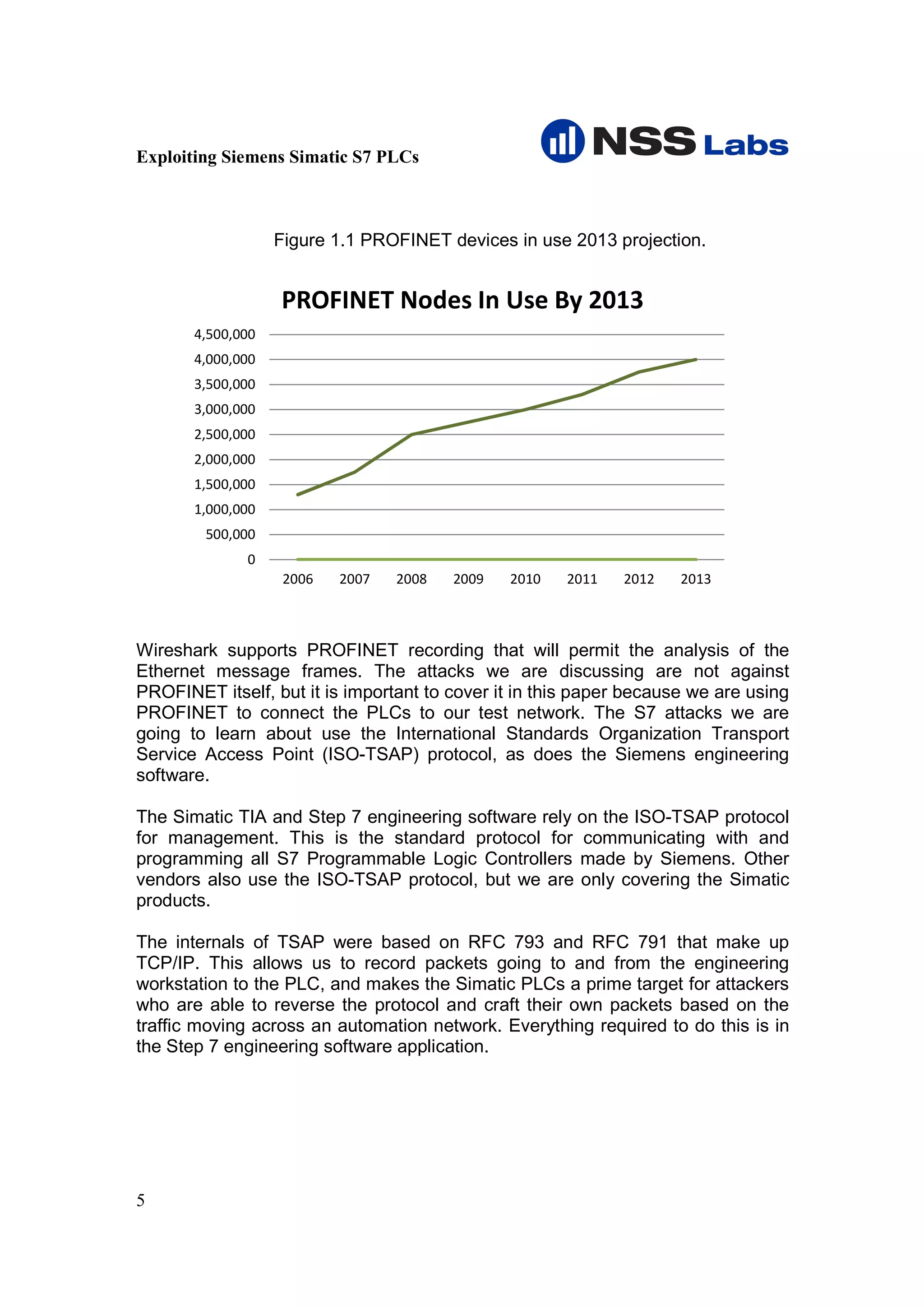 Exploiting Siemens Simatic S7 PLCs



                   Figure 1.1 PROFINET devices in use 2013 projection.


                   PROFINET Nodes In Use By 2013
       4,500,000
       4,000,000
       3,500,000
       3,000,000
       2,500,000
       2,000,000
       1,500,000
       1,000,000
        500,000
              0
                    2006   2007   2008   2009   2010   2011   2012   2013



Wireshark supports PROFINET recording that will permit the analysis of the
Ethernet message frames. The attacks we are discussing are not against
PROFINET itself, but it is important to cover it in this paper because we are using
PROFINET to connect the PLCs to our test network. The S7 attacks we are
going to learn about use the International Standards Organization Transport
Service Access Point (ISO-TSAP) protocol, as does the Siemens engineering
software.

The Simatic TIA and Step 7 engineering software rely on the ISO-TSAP protocol
for management. This is the standard protocol for communicating with and
programming all S7 Programmable Logic Controllers made by Siemens. Other
vendors also use the ISO-TSAP protocol, but we are only covering the Simatic
products.

The internals of TSAP were based on RFC 793 and RFC 791 that make up
TCP/IP. This allows us to record packets going to and from the engineering
workstation to the PLC, and makes the Simatic PLCs a prime target for attackers
who are able to reverse the protocol and craft their own packets based on the
traffic moving across an automation network. Everything required to do this is in
the Step 7 engineering software application.




5
 