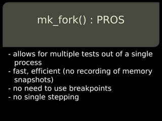 mk_fork() : PROS


- allows for multiple tests out of a single
  process
- fast, efficient (no recording of memory
  snapshots)
- no need to use breakpoints
- no single stepping
 