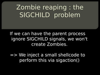 Zombie reaping : the
   SIGCHILD problem

If we can have the parent process
 ignore SIGCHILD signals, we won't
          create Zombies.

=> We inject a small shellcode to
   perform this via sigaction()
 