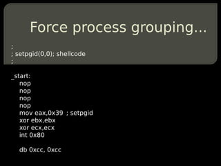 Force process grouping...
;
; setpgid(0,0); shellcode
;

_start:
   nop
   nop
   nop
   nop
   mov eax,0x39 ; setpgid
   xor ebx,ebx
   xor ecx,ecx
   int 0x80

  db 0xcc, 0xcc
 