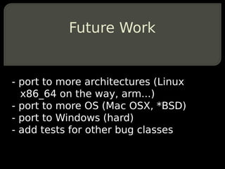 Future Work


- port to more architectures (Linux
  x86_64 on the way, arm...)
- port to more OS (Mac OSX, *BSD)
- port to Windows (hard)
- add tests for other bug classes
 