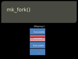 mk_fork()


            Offspring 2

            Executable


            Writable


            Executable


            ...