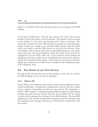 +CMT: ,22
07916163838450F84404D011002000903032902181000704010200088000

Figure 1: Unsolicited AT result code that indicates the reception of an SMS
message.


of two lines of ASCII text. The ﬁrst line contains the result code and the
number of bytes that follow on the second line. The number of bytes is given
as the number of octets after the hexadecimal to binary conversion. The
second line contains the entire SMS message in hexadecimal representation.
Figure 3 shows an example of an incoming SMS message using the CMT
result code which is used for SMS delivery on all of our test devices. There
are multiple result codes for delivering incoming SMS messages to the appli-
cation processor but our investigation results show that all our devices are
conﬁgured to use the CMT result code. Upon reception of the message the
application processor usually has to acknowledge the reception by issuing a
speciﬁc AT command to the modem. All interaction to the point of acknowl-
edging the reception of the CMT result is handled by the multiplexing layer
of the telephony stack.

3.3     The Stacks of our Test Devices
We will shortly describe the parts of the telephony stack that are relevant
for SMS handling on each of our test platforms.

3.3.1   iPhone OS
On the iPhone, the telephony stack mainly consists of one application binary
called CommCenter. CommCenter communicates directly with the modem
using a number of serial lines of which two are used for AT commands re-
lated to SMS transfers. It handles incoming SMS messages by itself without
invoking any other process, besides when the device notiﬁes the user about
a newly arrived message after storing it in the SMS database. The user SMS
application is only used for reading SMS messages stored in the database and
for composing new messages and does not itself directly communicate with
the modem.



                                     6
 