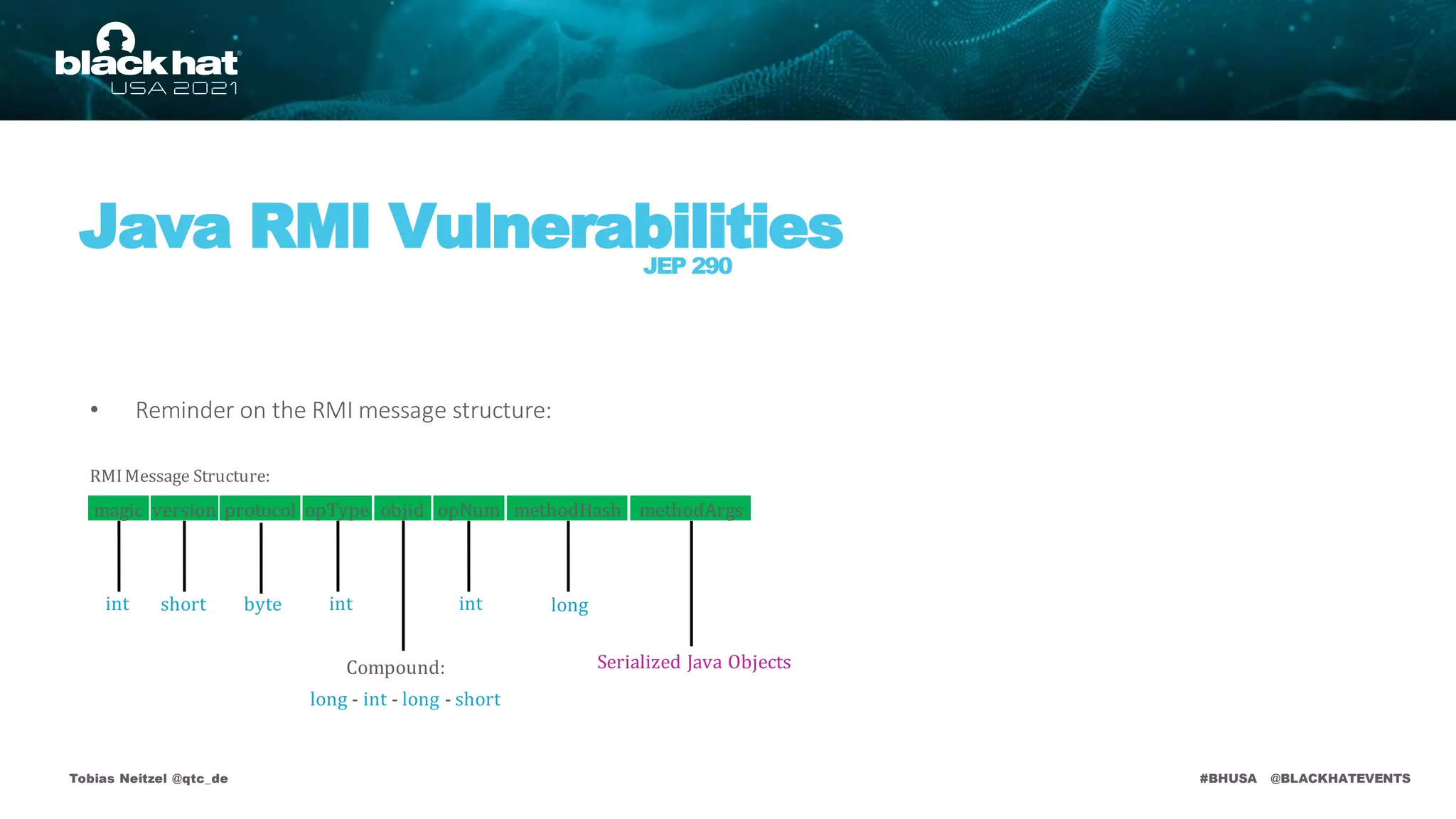 #BHUSA @BLACKHATEVENTS
• Reminder on the RMI message structure:
Tobias Neitzel @qtc_de
Java RMI Vulnerabilities
JEP 290
RMIMessage Structure:
int short byte int
long - int - long - short
Compound:
int long
Serialized Java Objects
magic version protocol opType objid opNum methodHash methodArgs
 