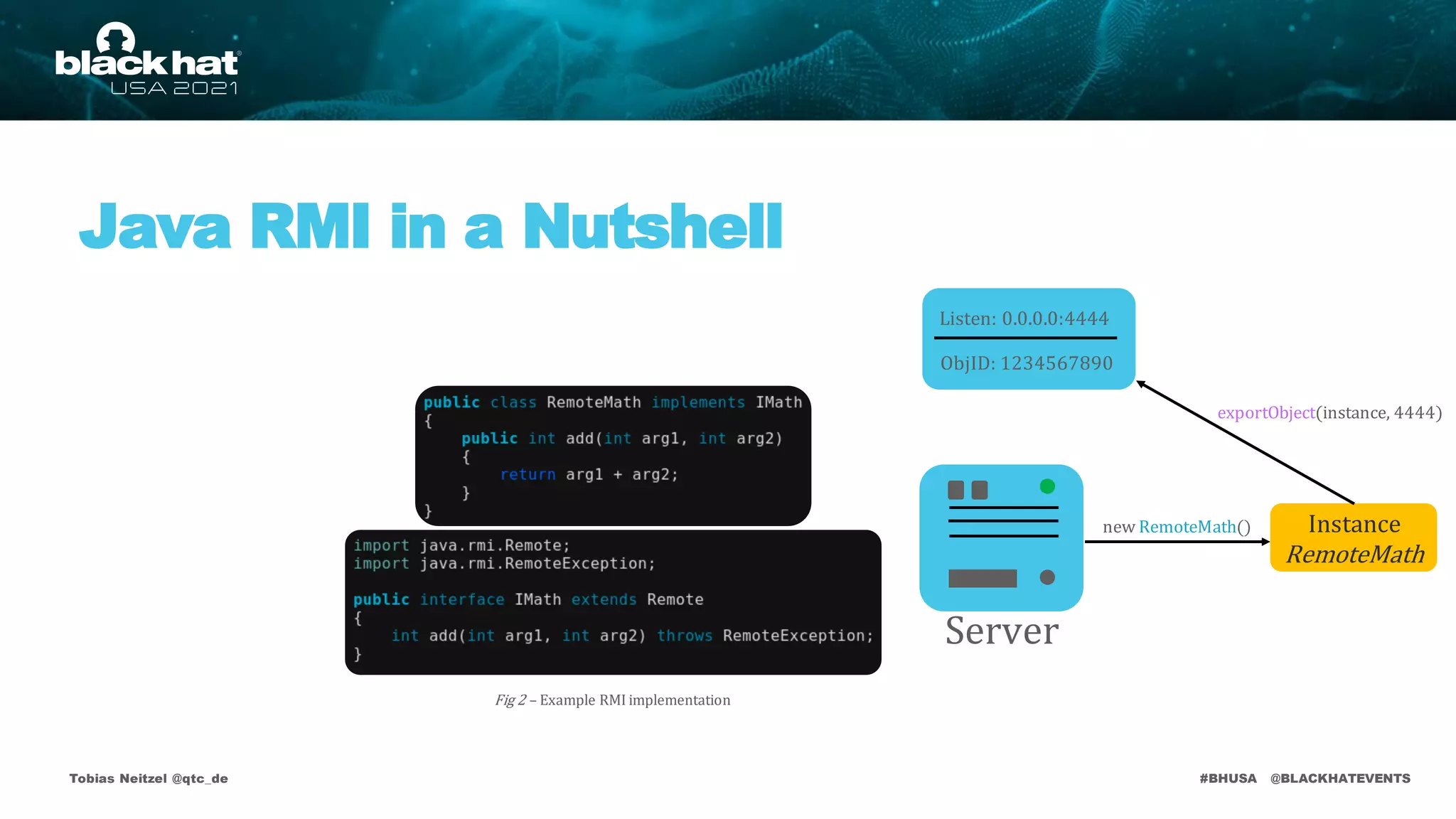 #BHUSA @BLACKHATEVENTS
Java RMI in a Nutshell
Tobias Neitzel @qtc_de
Instance
RemoteMath
new RemoteMath()
Listen: 0.0.0.0:4444
ObjID: 1234567890
Server
Fig 2 – Example RMI implementation
exportObject(instance, 4444)
 