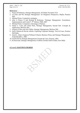 M.B.A. -2010-11 –UD.
Page 19 of 54

Annexure No. 72-A
SCAA - Dt.28.05.2010

References :
1. Pearce & Robinson, Strategic Management, All Indian Travellors N D.
2. A.C.Hax and NS, Strategic Management: An Integrative Perspective, Majifu, Prentice
Hall.
3. Michael Porter, Competitive strategies.
4. John A Pearce II and Richard B Robinson, “Strategic Management: Formulation,
Implementation and Control”, 9th Edition, TMH, 2007
5. Michael Porter, Competitive Advantage of Nations.
6. Samul C. Certo and J.Paul Peter, Strategic Management, Second Edn. Concepts &
Application, McGraw Hill.
7. Gregory G.Dess and Alex Miller, Strategic Management, McGraw Hill.
8. Gerry Johnson & Kevan scholes, Exploring Corporate Strategy: Text & Cases, Prentice
Hall India.
9. Jauch.L., Rajive Gupta & William.F.Glueck, Business Policy and Strategic Management,
Frank Bros&Co., 2003.
10. Fred R.David, Strategic Management Concepts & Cases, Pearson, 2003.
11. R.Srinivasan, Strategic Management, II edition, Prentice Hall of India, New Delhi.

4.2 to 4.5 ELECTIVE COURSES

 