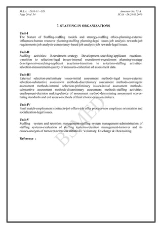 M.B.A. -2010-11 –UD.
Page 26 of 54

Annexure No. 72-A
SCAA - Dt.28.05.2010

7. STAFFING IN ORGANIZATIONS
Unit-I
The Nature of Staffing-staffing models and strategy-staffing ethics-planning-external
influences-human resource planning-staffing planning-legal issues-job analysis rewards-job
requirements job analysis-competency-based job analysis-job rewards-legal issues.
Unit-II
Staffing activities: Recruitment-strategy Development-searching-applicant reactionstransition to selection-legal issues-internal recruitment-recruitment planning-strategy
development-searching-applicant reactions-transition to selection-staffing activities:
selection-measurement-quality of measures-collection of assessment data.
Unit-III
External selection-preliminary issues-initial assessment methods-legal issues-external
selection-substantive assessment methods-discretionary assessment methods-contingent
assessment methods-internal selection-preliminary issues-initial assessment methodssubstantive assessment methods-discretionary assessment methods-staffing activities:
employment-decision making-choice of assessment method-determining assessment scoreshiring standards and cut scores-methods of final choice-decision makers.
Unit-IV
Final match-employment contracts-job offers-job offer process-new employee orientation and
socialization-legal issues.
Unit-V
Staffing system and retention management-staffing system management-administration of
staffing systems-evaluation of staffing systems-retention management-turnover and its
causes-analysts of turnover-retention initiatives: Voluntary, Discharge & Downsizing.
Reference :

 