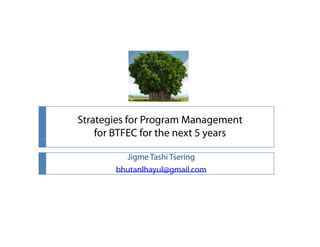 Strategies for Program Management
for BTFEC for the next 5 years
Jigme Tashi Tsering
bhutanlhayul@gmail combhutanlhayul@gmail.com
 