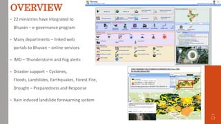 OVERVIEW
• 22 ministries have integrated to
Bhuvan – e-governance program
• Many departments – linked web
portals to Bhuvan – online services
• IMD – Thunderstorm and Fog alerts
• Disaster support – Cyclones,
Floods, Landslides, Earthquakes, Forest Fire,
Drought – Preparedness and Response
• Rain induced landslide forewarning system
5
 