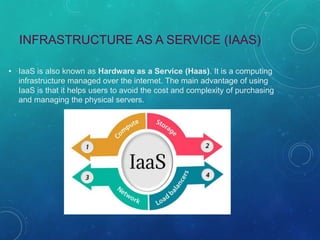 INFRASTRUCTURE AS A SERVICE (IAAS)
• IaaS is also known as Hardware as a Service (Haas). It is a computing
infrastructure managed over the internet. The main advantage of using
IaaS is that it helps users to avoid the cost and complexity of purchasing
and managing the physical servers.
 
