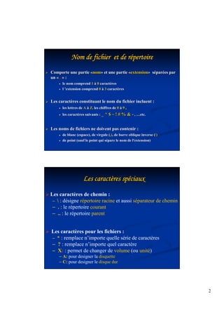 2 
Nom NNNNNNNooooooommmmmmm ddddddddeeeeeeee ffffffffiiiiiiiicccccccchhhhhhhhiiiiiiiieeeeeeeerrrrrrrr eeeeeeeetttttttt ddddddddeeeeeeee rrrrrrrrééppppppppeeeeeeeerrrrrrrrttttttttooooooooiiiiiiiirrrrrrrreeeeeeee 
 Comporte une partie «nom» et une partie «extension» séparées par 
un « . » : 
· le nom comprend 1 à 8 caractères 
· l ’’extension comprend 0 à 3 caractères 
 Les caractères constituant le nom du fichier incluent : 
· les lettres de A à Z, les chiffres de 0 à 9 , 
· les caractères suivants : _ ^ $ ~ ! # %  - , ……etc. 
 Les noms de fichiers ne doivent pas contenir : 
· de blanc (espace), de virgule (,), de barre oblique inverse () 
· de point (sauf le point qui sépare le nom de l'extension) 
LLLLLLLLeeeeeeeessssssss ccccccccaaaaaaaarrrrrrrraaaaaaaaccccccccttttttttèèrrrrrrrreeeeeeeessssssss ssssssssppppppppéécccccccciiiiiiiiaaaaaaaauuuuuuuuxxxxxxxx 
 Les caractères de chemin : 
-  : désigne répertoire racine et aussi séparateur de chemin 
- . : le répertoire courant 
- .. : le répertoire parent 
 Les caractères pour les fichiers : 
- * : remplace n’importe quelle série de caractères 
- ? : remplace n’importe quel caractère 
- X: : permet de changer de volume (ou unité) 
- A: pour designer la disquette 
- C: pour designer le disque dur 
 