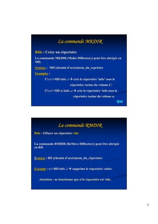 5 
LLLLLLLLaaaaaaaa ccccccccoooooooommmmmmmmmmmmmmmmaaaaaaaannnnnnnnddddddddeeeeeeee MMMMMMMMKKKKKKKKDDDDDDDDIIIIIIIIRRRRRRRR 
Rôle : Créer un répertoire 
La commande MKDIR (MaKe DIRectory) peut être abrégée en 
MD. 
Syntaxe : MD [chemin d’’accès]nom_du_reprtoire 
Exemples : 
1°) c:MD info ¿crée le répertoire ‘‘info’’ sous le 
répertoire racine du volume C: 
2°) c:MD a:info ¿crée le répertoire ‘‘info sous le 
répertoire racine du volume a: 
LLLLLLLLaaaaaaaa ccccccccoooooooommmmmmmmmmmmmmmmaaaaaaaannnnnnnnddddddddeeeeeeee RRRRRRRRMMMMMMMMDDDDDDDDIIIIIIIIRRRRRRRR 
Rôle : Effacer un répertoire vide 
La commande RMDIR (ReMove DIRectory) peut être abrégée 
en RD. 
Syntaxe : RD [chemin d’’accès]nom_du_répertoire 
Exemple : c:RD info ¿supprime le répertoire «info» 
Attention : ne fonctionne que si le répertoire est vide. 
 